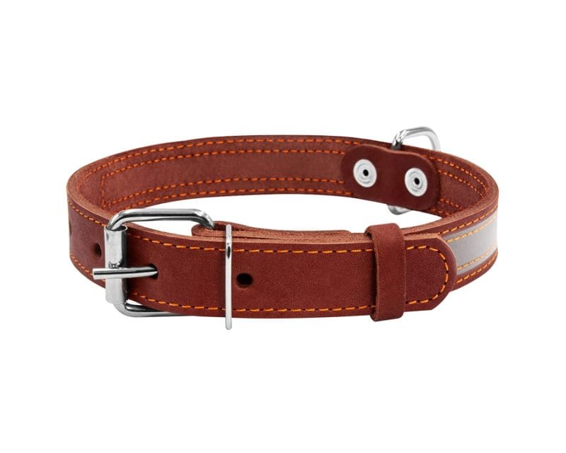 WauDog Leather dog collar with reflector 35 mm - Brown