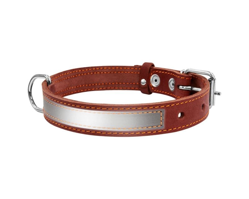 WauDog Leather dog collar with reflector 25 mm - Brown
